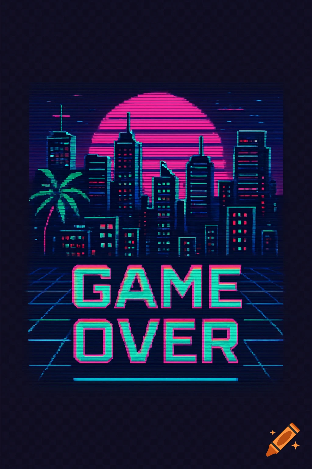Pixel art cityscape at sunset with neon colors and 'GAME OVER' text, featuring scanline effects and an 8-bit grid.