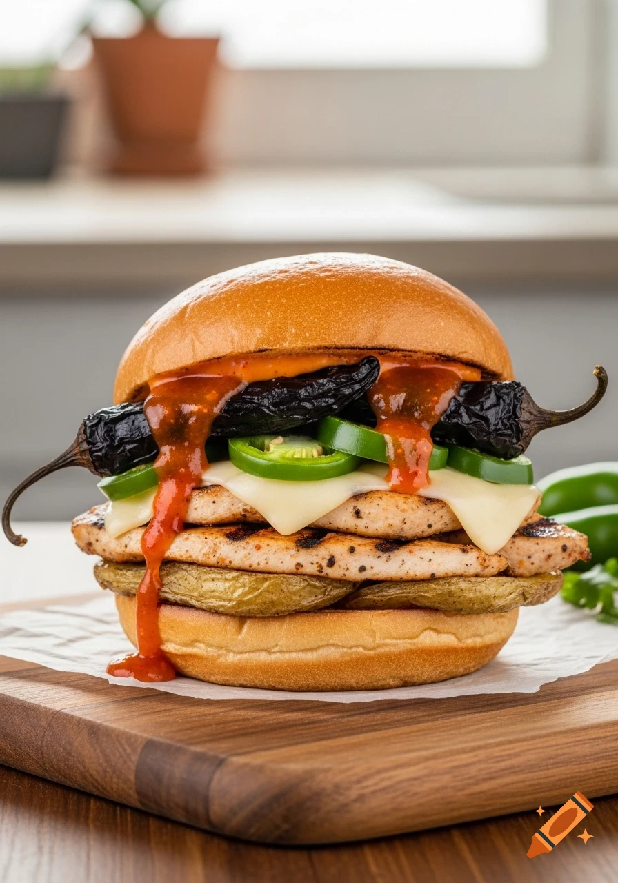 A spicy chicken burger topped with roasted chilies, jalape jao slices, melted cheese, and a red chili-lime glaze, served on a wooden cutting board.