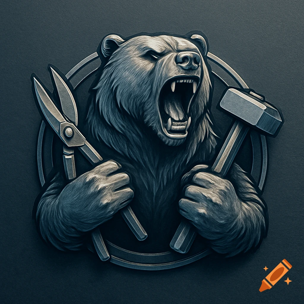 A roaring bear logo holding metal shears and a hammer, set within a circular frame on a dark background, in a metallic embossed style.