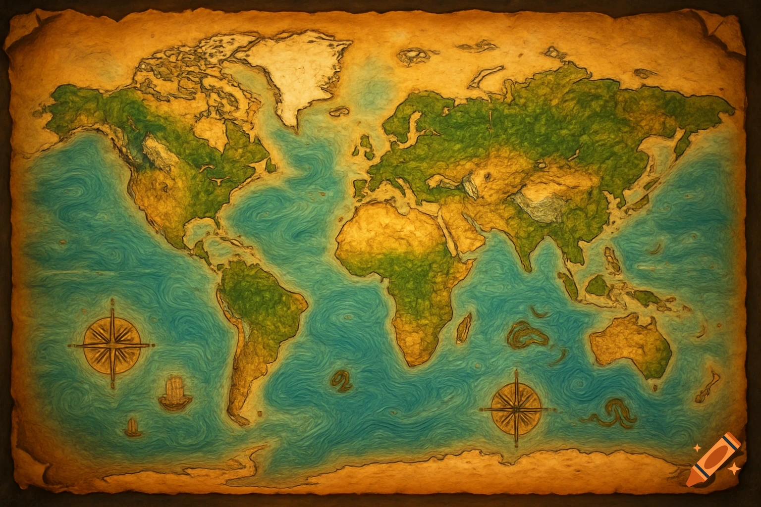 A vintage-style world map with green continents, blue oceans, and compass roses on a textured, aged paper background.