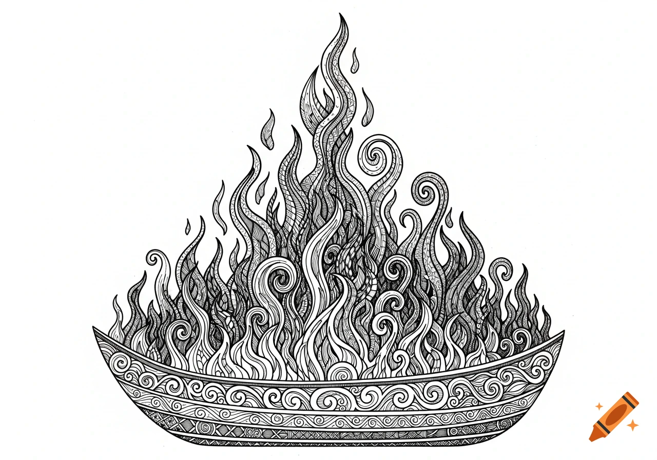 Black and white zentangle drawing depicting a boat filled with flames, all rendered with intricate patterns.