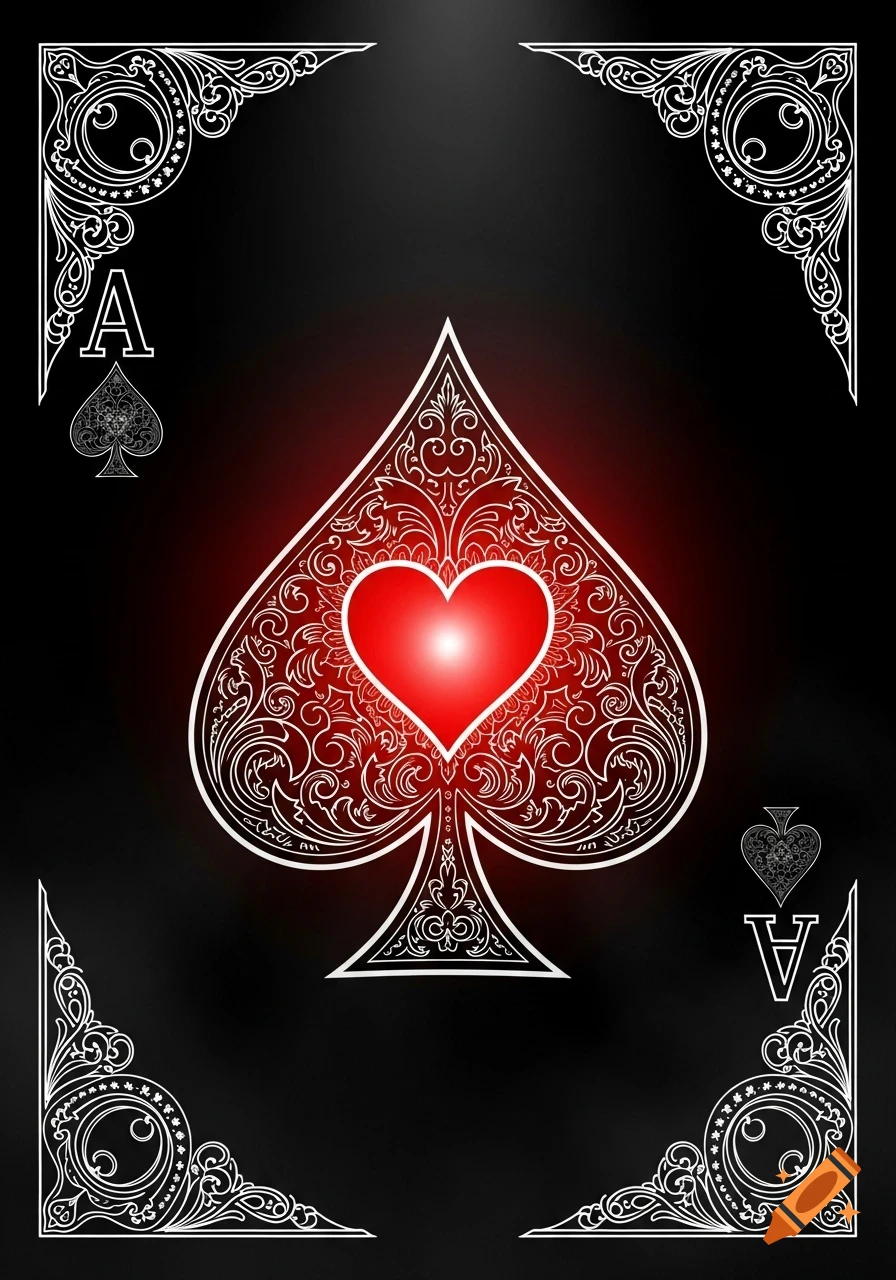 Stylized ace of spades playing card on a black background, featuring intricate white scrollwork and a glowing red heart at its center.