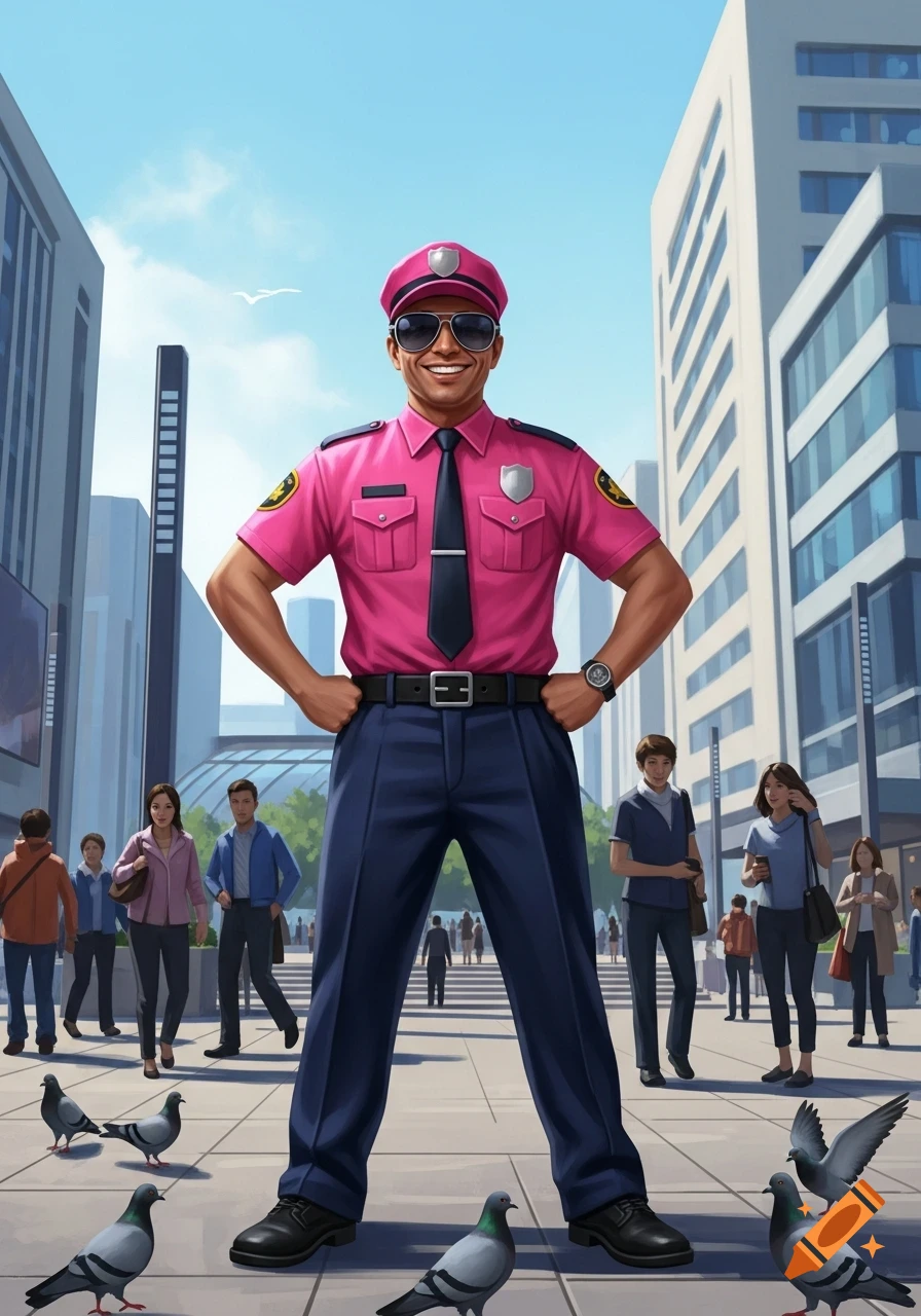 A smiling man in a pink police/security uniform with sunglasses stands confidently on a busy city street with pigeons and pedestrians.