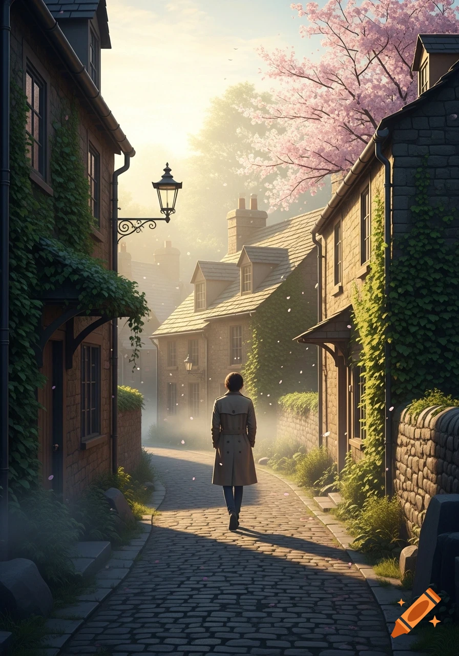 A person in a trench coat walks along a cobblestone street lined with ivy-covered buildings and blooming cherry trees in a misty, sunlit village. Digital painting.