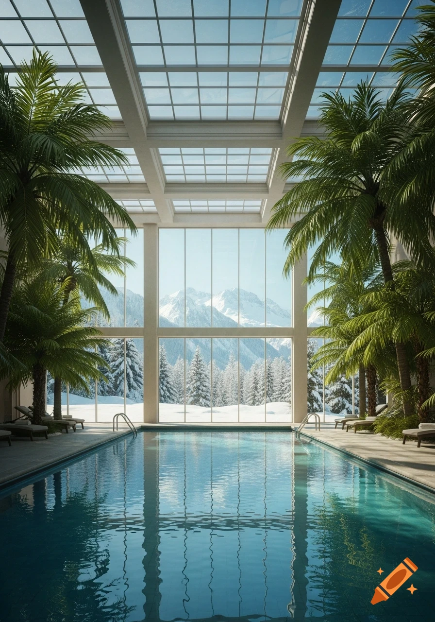 An indoor swimming pool with palm trees and a glass roof, overlooking a snowy mountain landscape through large windows.