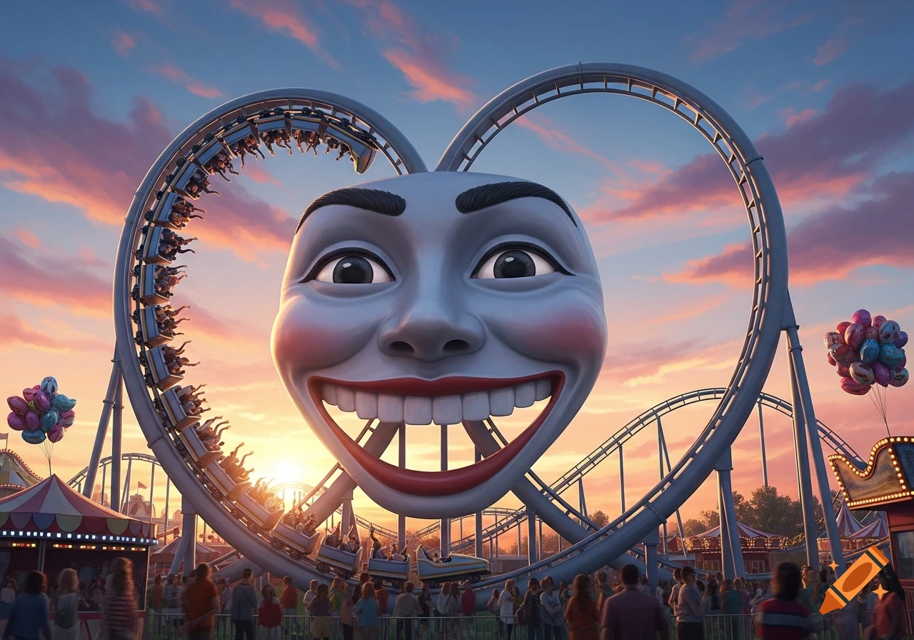 A giant smiling face integrated into a heart-shaped roller coaster at an amusement park during sunset.