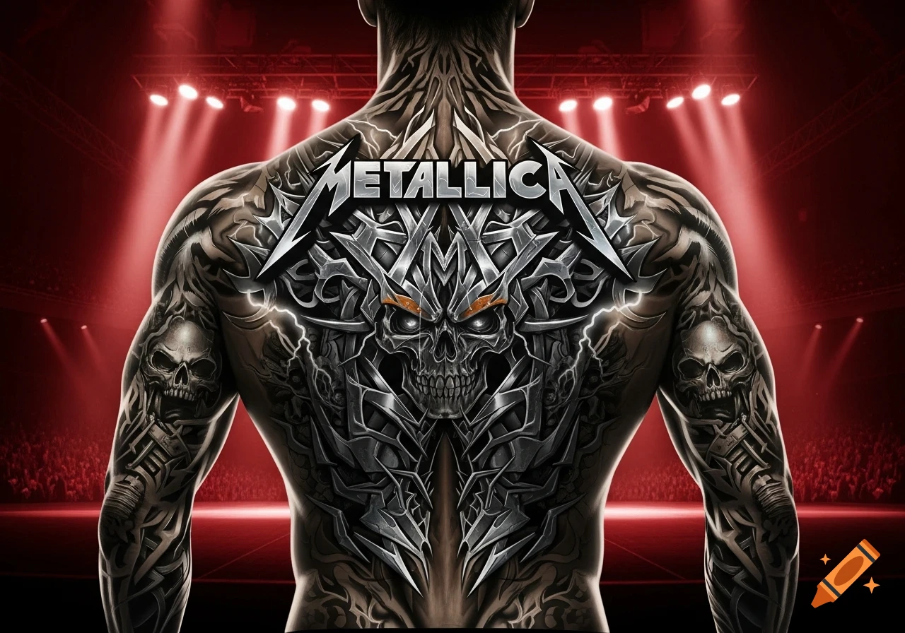 A person's muscular back with intricate tattoos, including the Metallica logo and a large skull, on a red-lit concert stage.