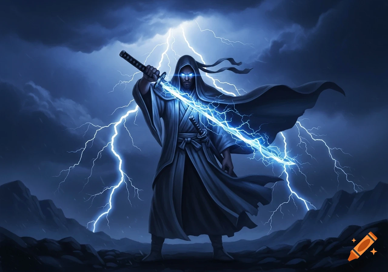 A hooded figure with glowing eyes holds a lightning-infused katana amidst a stormy sky with bright lightning bolts.