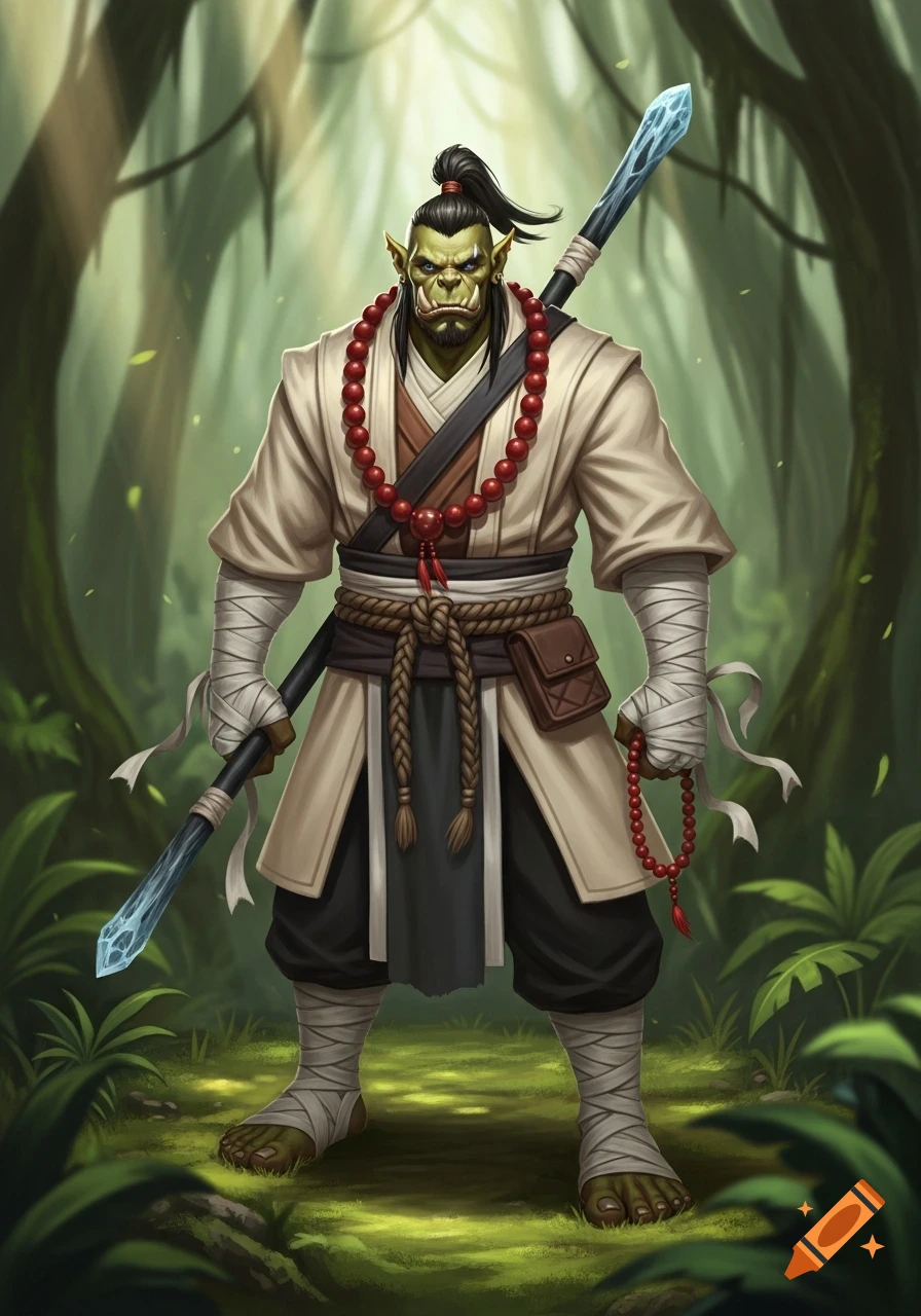 A muscular green orc warrior monk in cream robes, red prayer beads, and a ponytail, holding a staff, stands in a lush jungle.