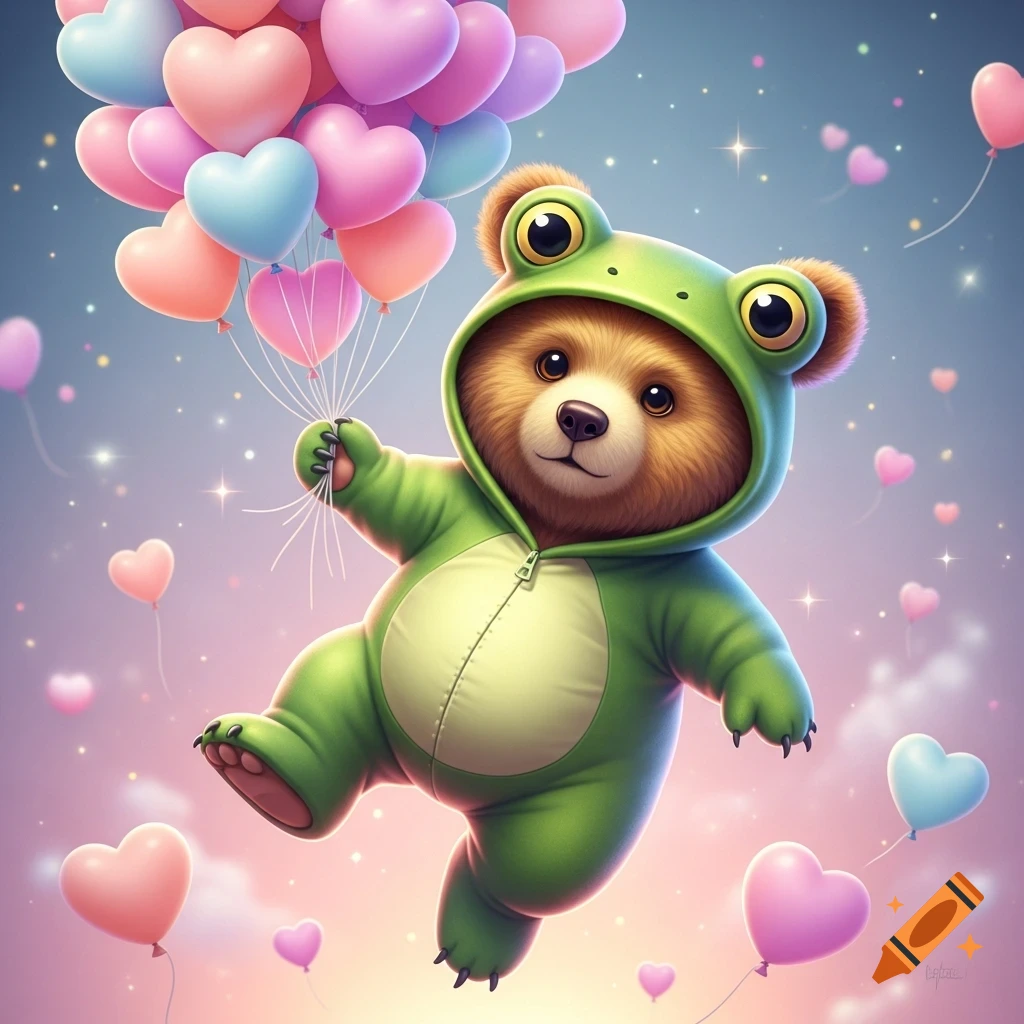 A cute, cartoony brown bear in a green frog suit floats in a pastel sky, holding a bouquet of pink, blue, and purple heart-shaped balloons.
