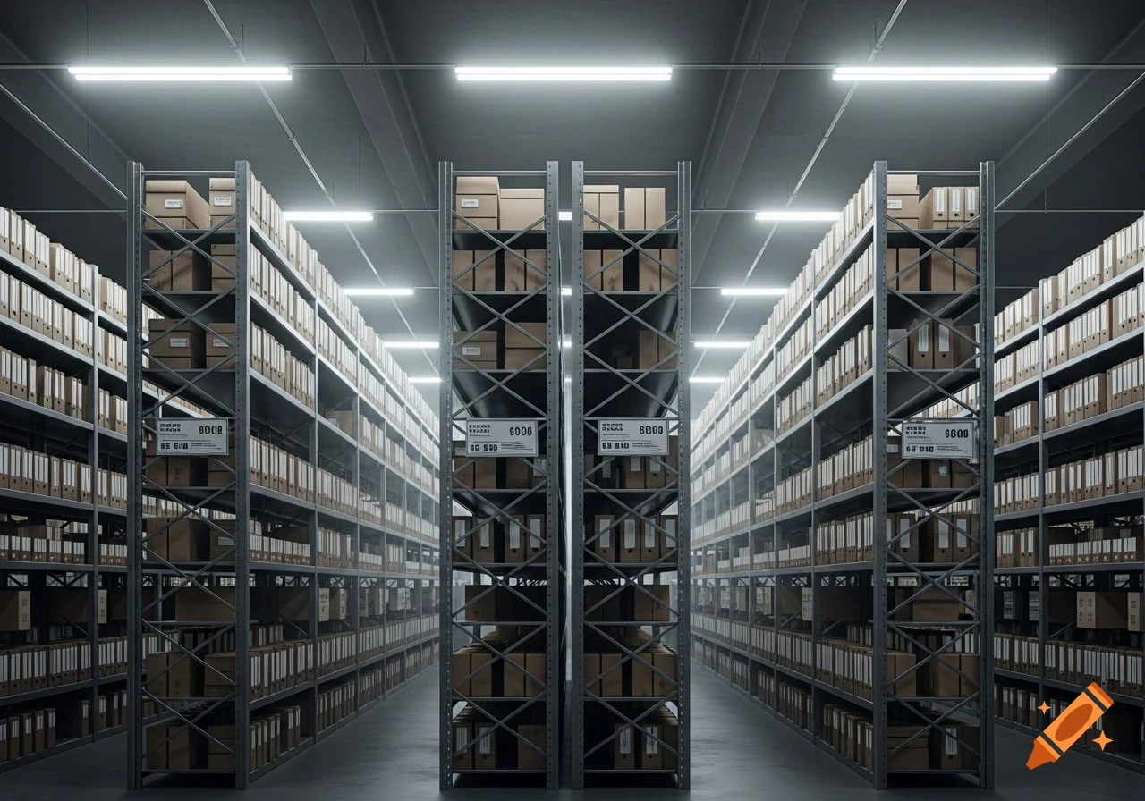Photorealistic view of a well-lit industrial warehouse with tall steel shelves packed with cardboard file boxes.