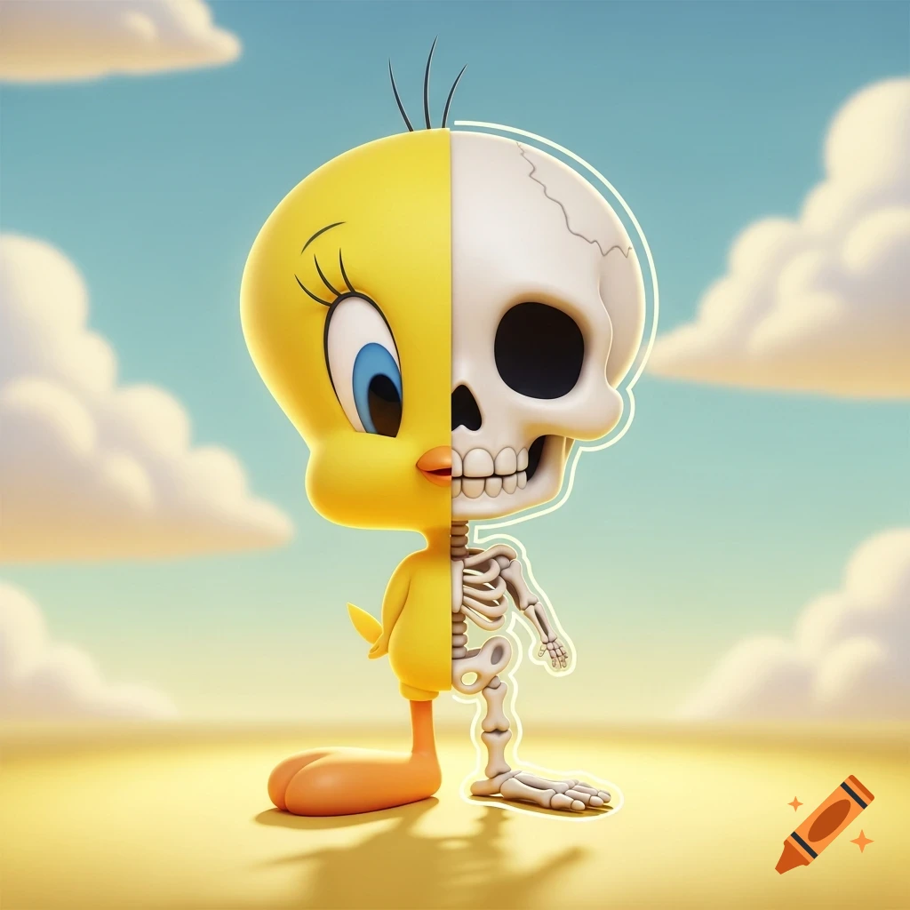 Chibi Tweety Bird split in half, one side cartoon, the other a skeletal x-ray, against a simple sky.