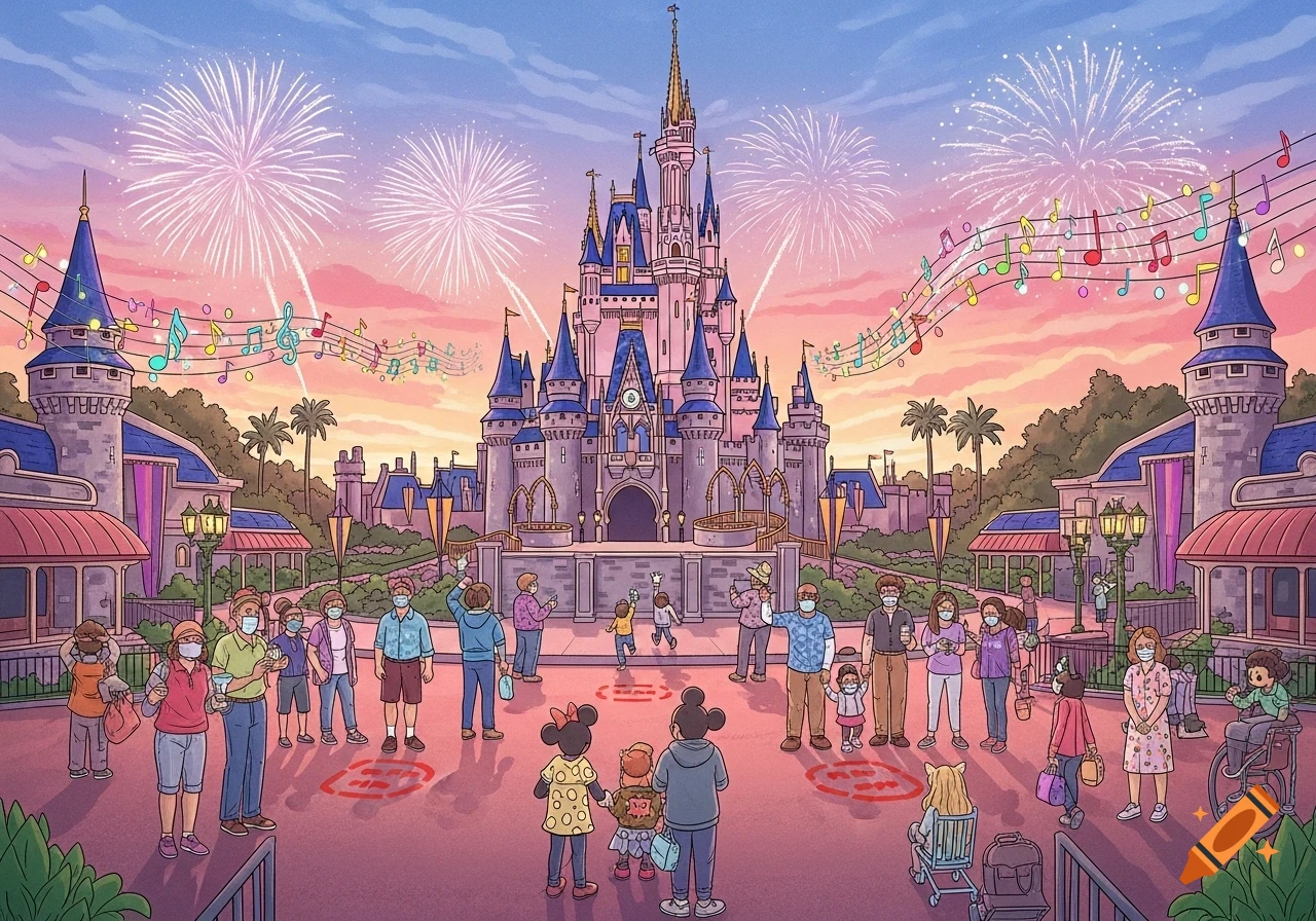 Cartoon of a grand castle with fireworks and musical notes at sunset. Masked people social distance in front of the castle.