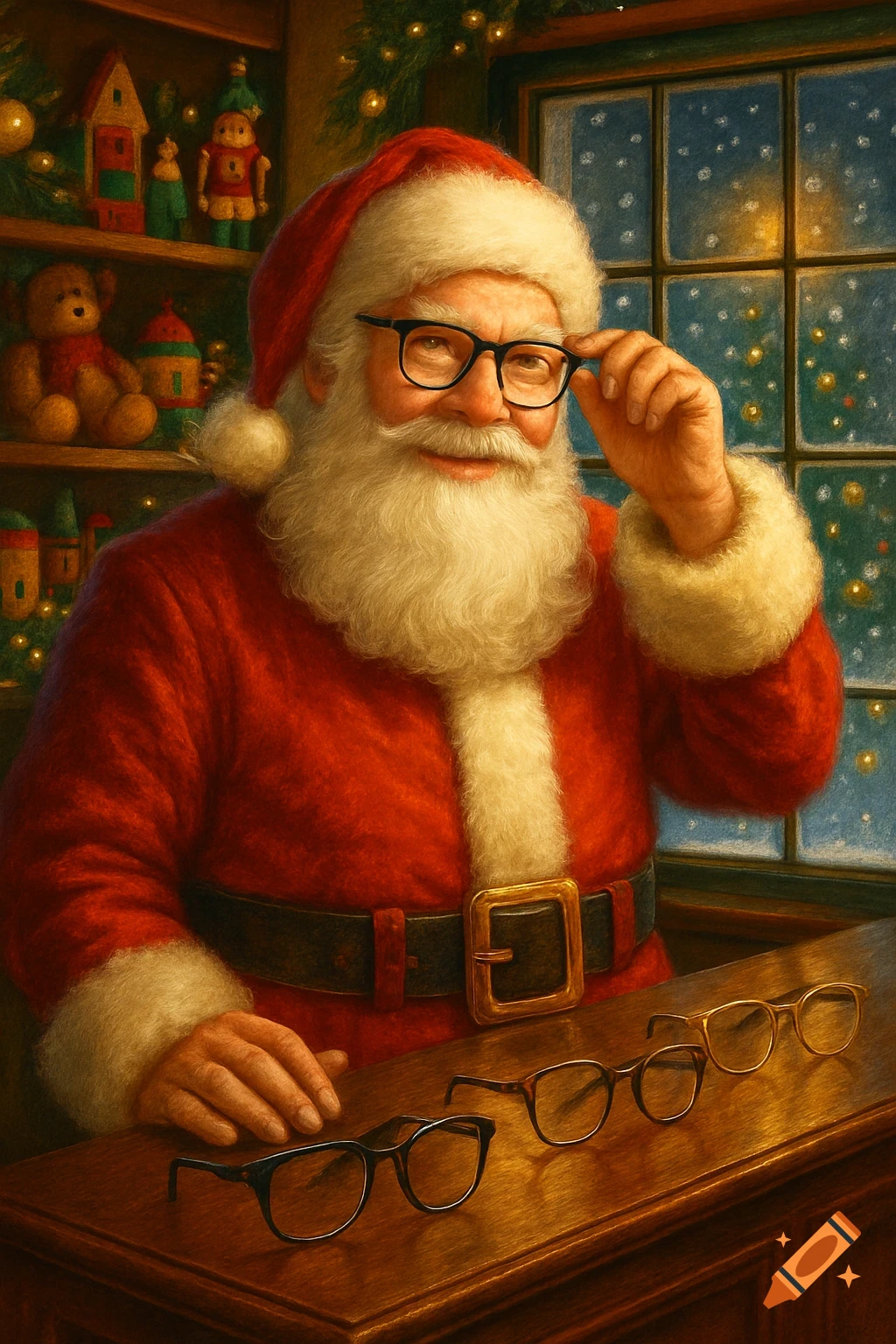 Santa Claus in a red suit adjusts his glasses while smiling, with various eyeglasses on a wooden counter, in a detailed painting.