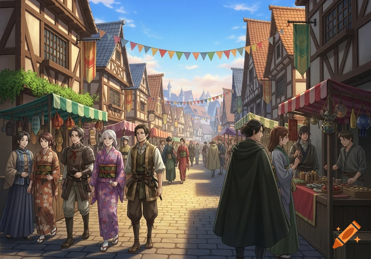 Anime-style medieval marketplace with people in mixed Japanese and European clothing, timber-frame buildings, and colorful banners.