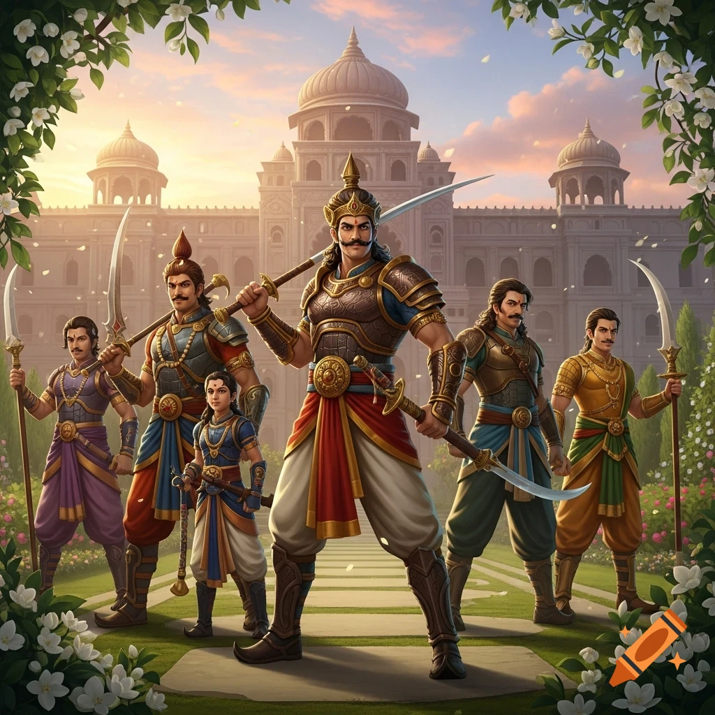 Indian warriors, including a child, in traditional armor with weapons, stand before a grand palace at sunset.