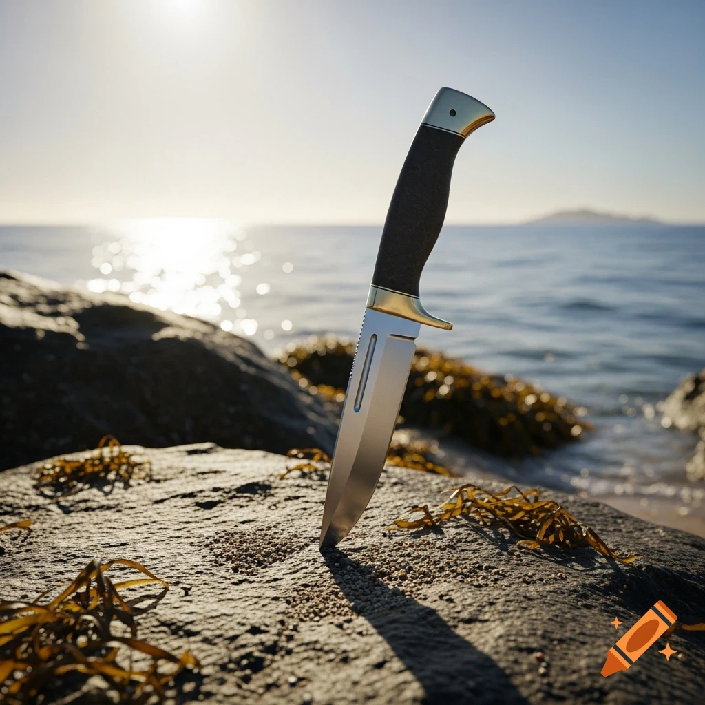 A survival knife with a dark handle and gold accents stuck upright in a rock on a sunny beach, with the ocean in the background.