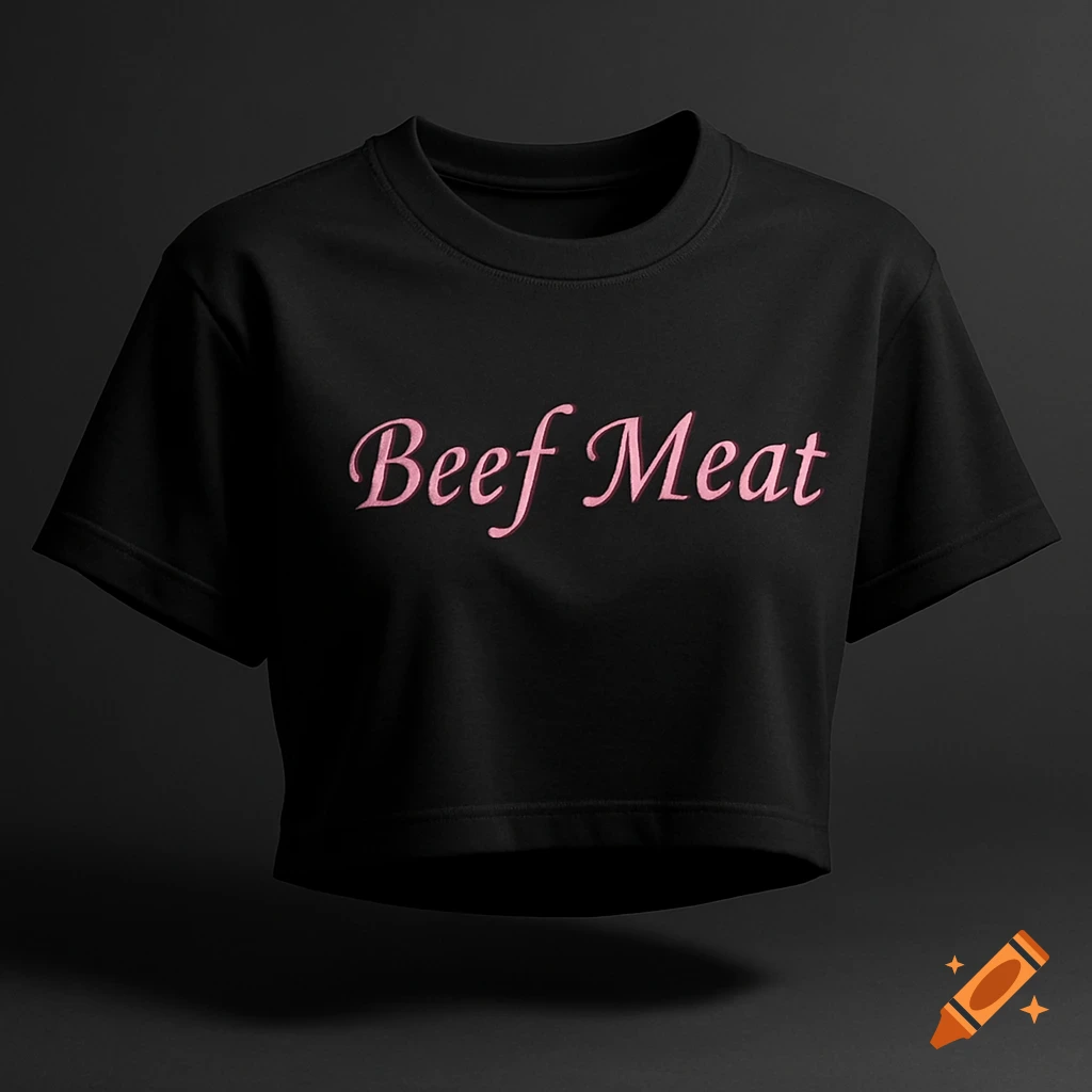 A black crop top featuring the words 'Beef Meat' in pink script font on the front, against a dark background.
