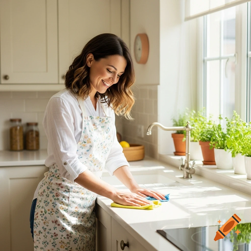 Smiling woman in a floral apron cleaning a bright kitchen counter with a yellow cloth.