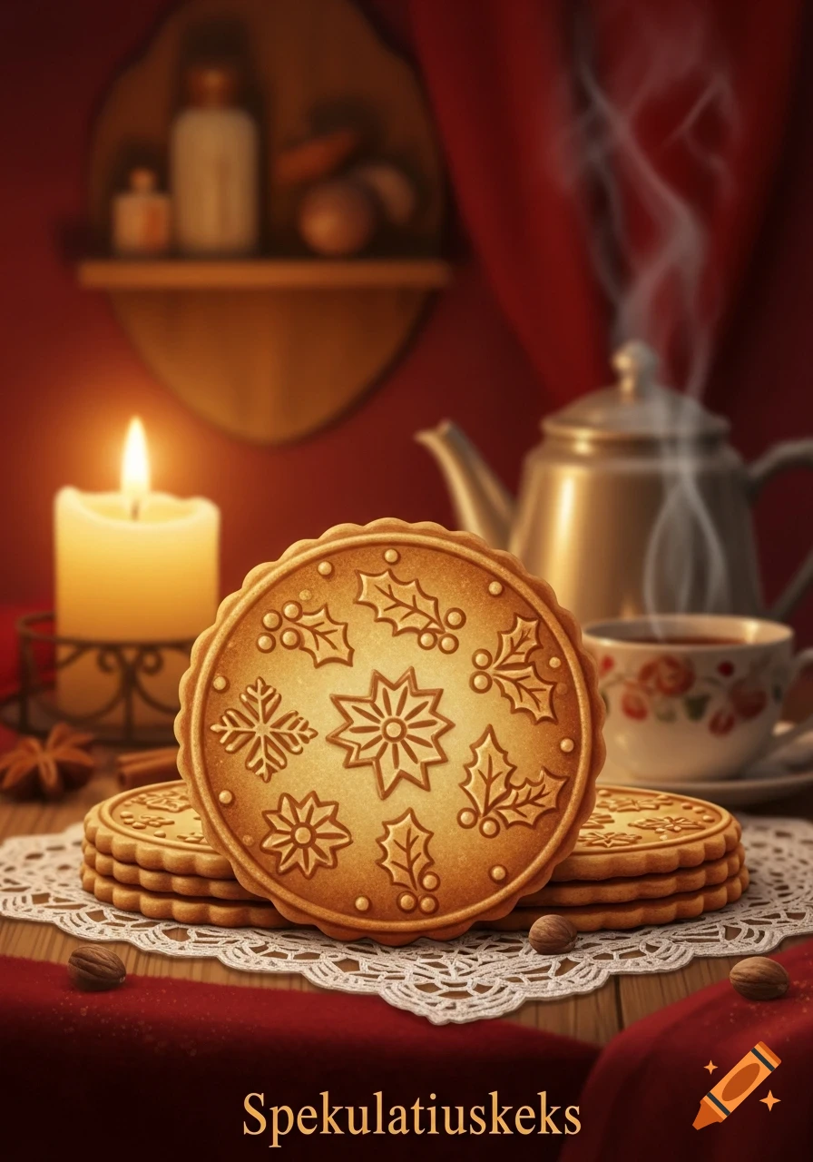 Photorealistic Christmas speculoos cookies with holly and snowflake designs, a lit candle, and a steaming teapot and teacup.