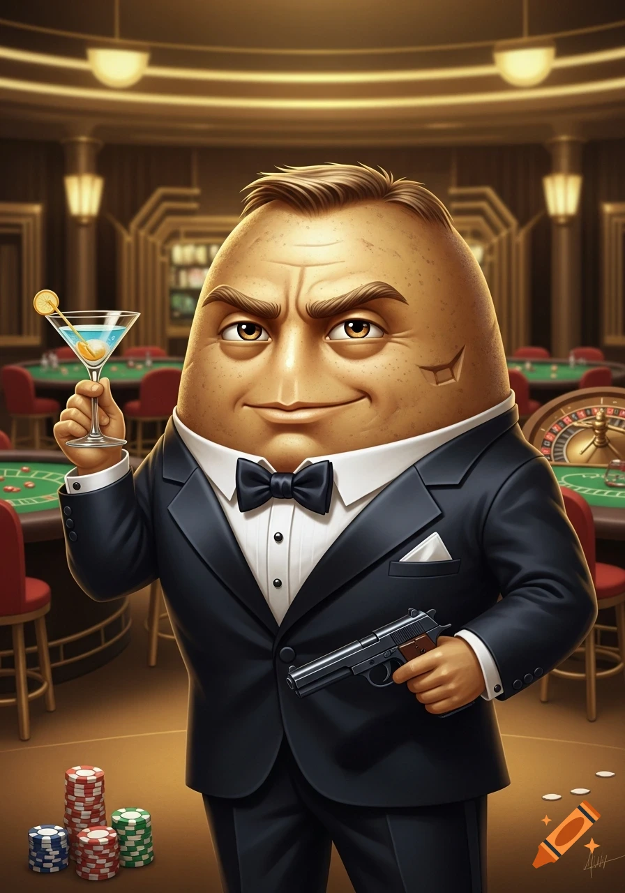 A dapper potato character, styled like James Bond, holds a martini and a pistol in a luxurious casino.
