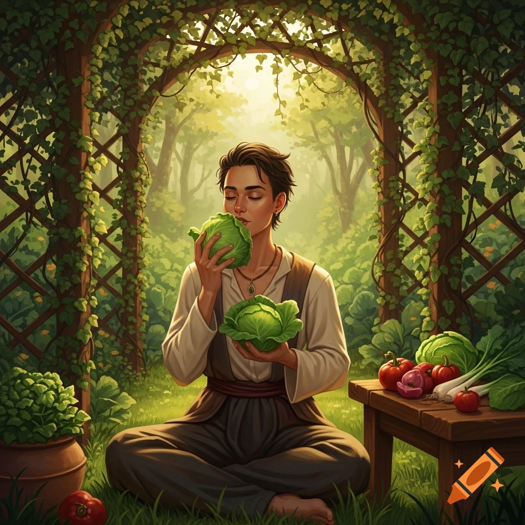 A person sits cross-legged under a leafy archway in a forest garden, smelling a cabbage. Stylized art.