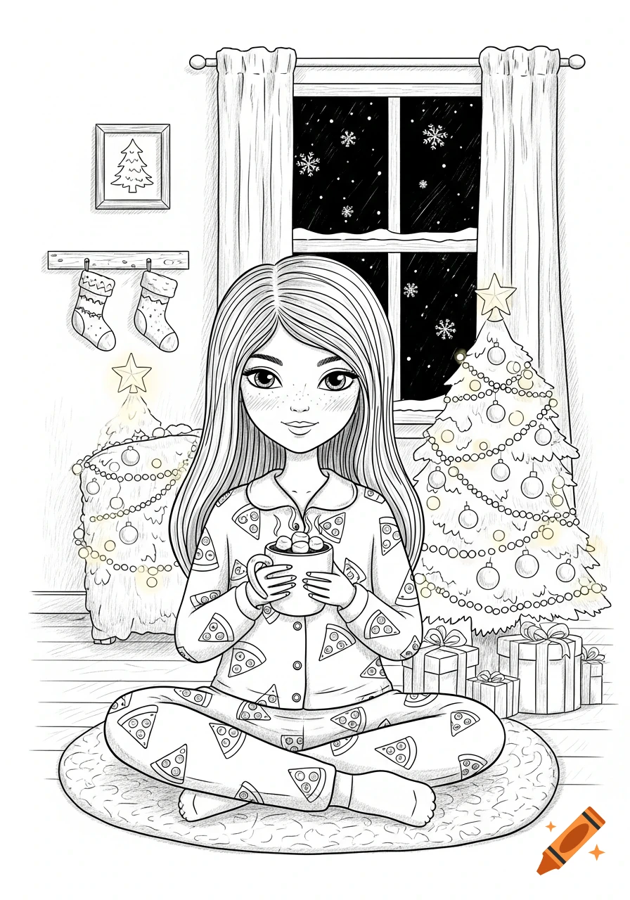 A girl in pizza pajamas sits cross-legged, holding hot chocolate, in a Christmas room with trees and a snowy window, black and white doodle art.