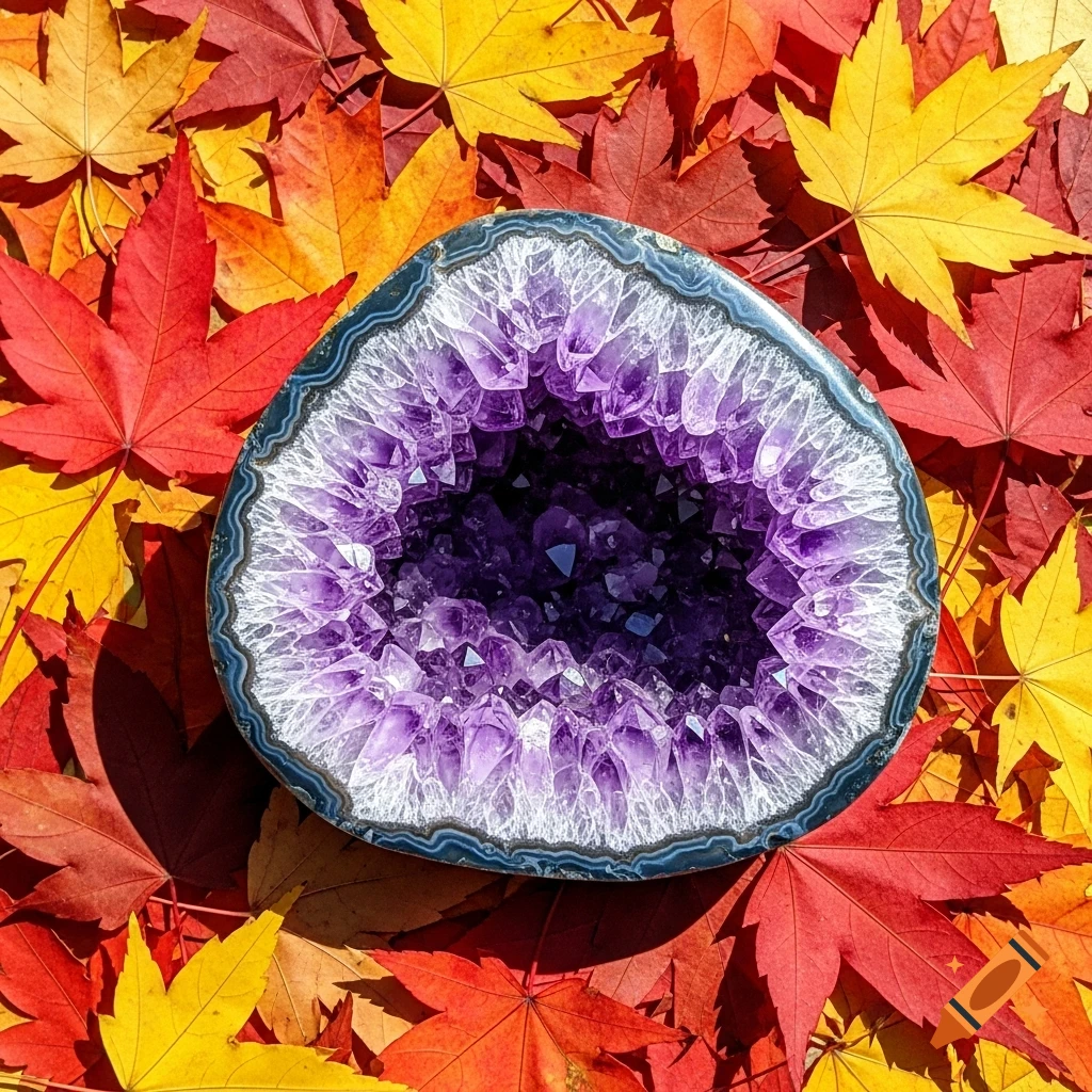 A detailed purple amethyst geode with crystalline layers rests on vibrant red, orange, and gold autumn maple leaves.