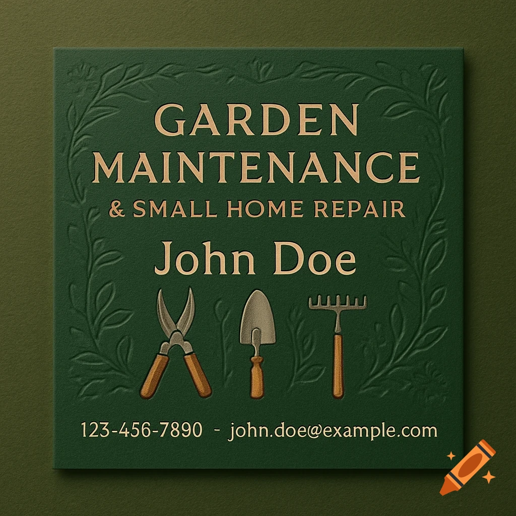 Green embossed business card for Garden Maintenance & Small Home Repair by John Doe, featuring gardening tools and contact info.