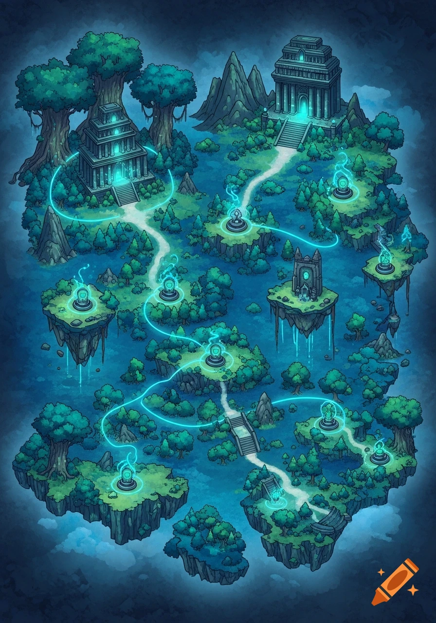 A mystical game world map in watercolor style, showing floating islands, ancient temples, enchanted forests, and glowing blue energy paths.