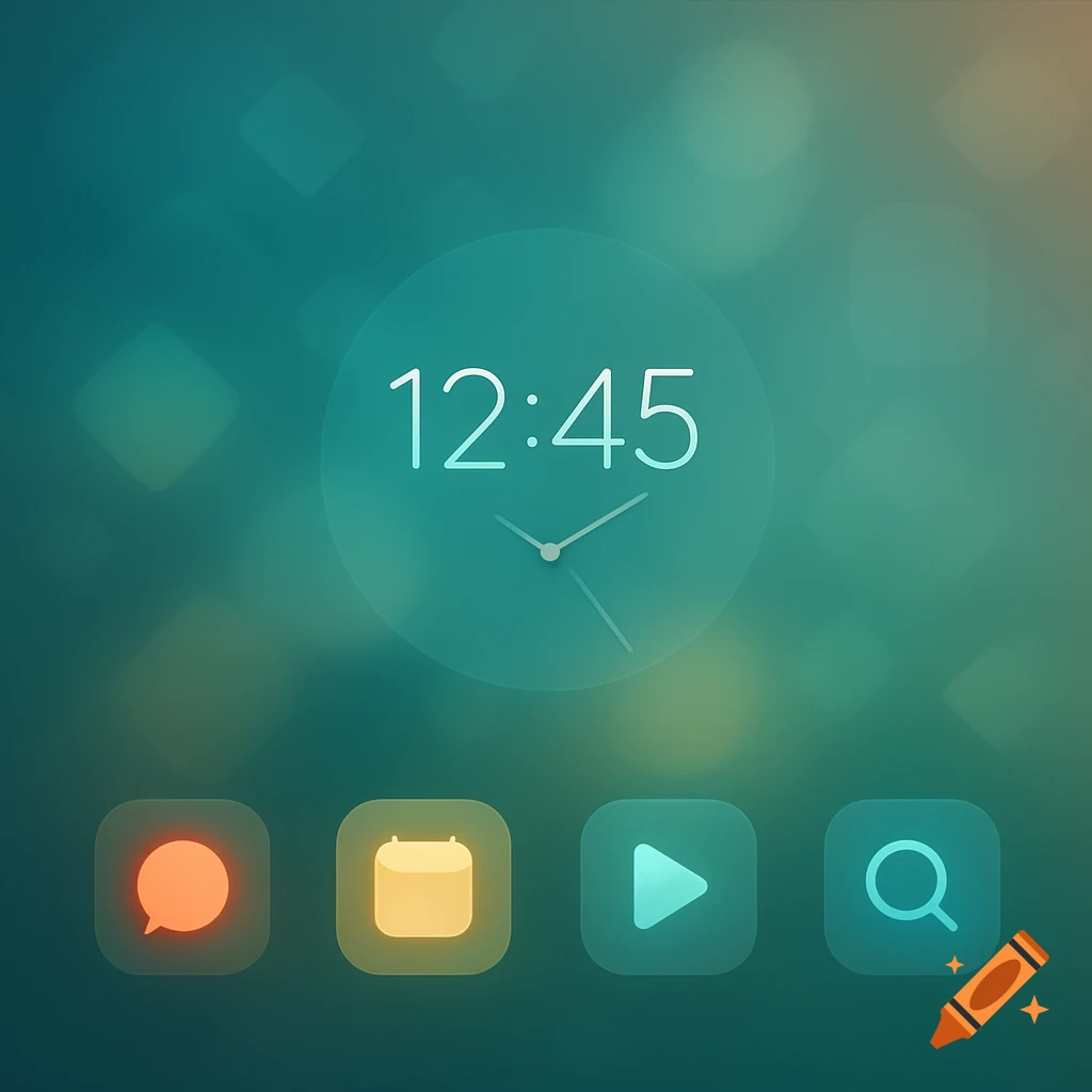 Minimalist mobile lock screen with '12:45' time, analog clock, and app icons for message, calendar, play, and search on a blurred teal background.