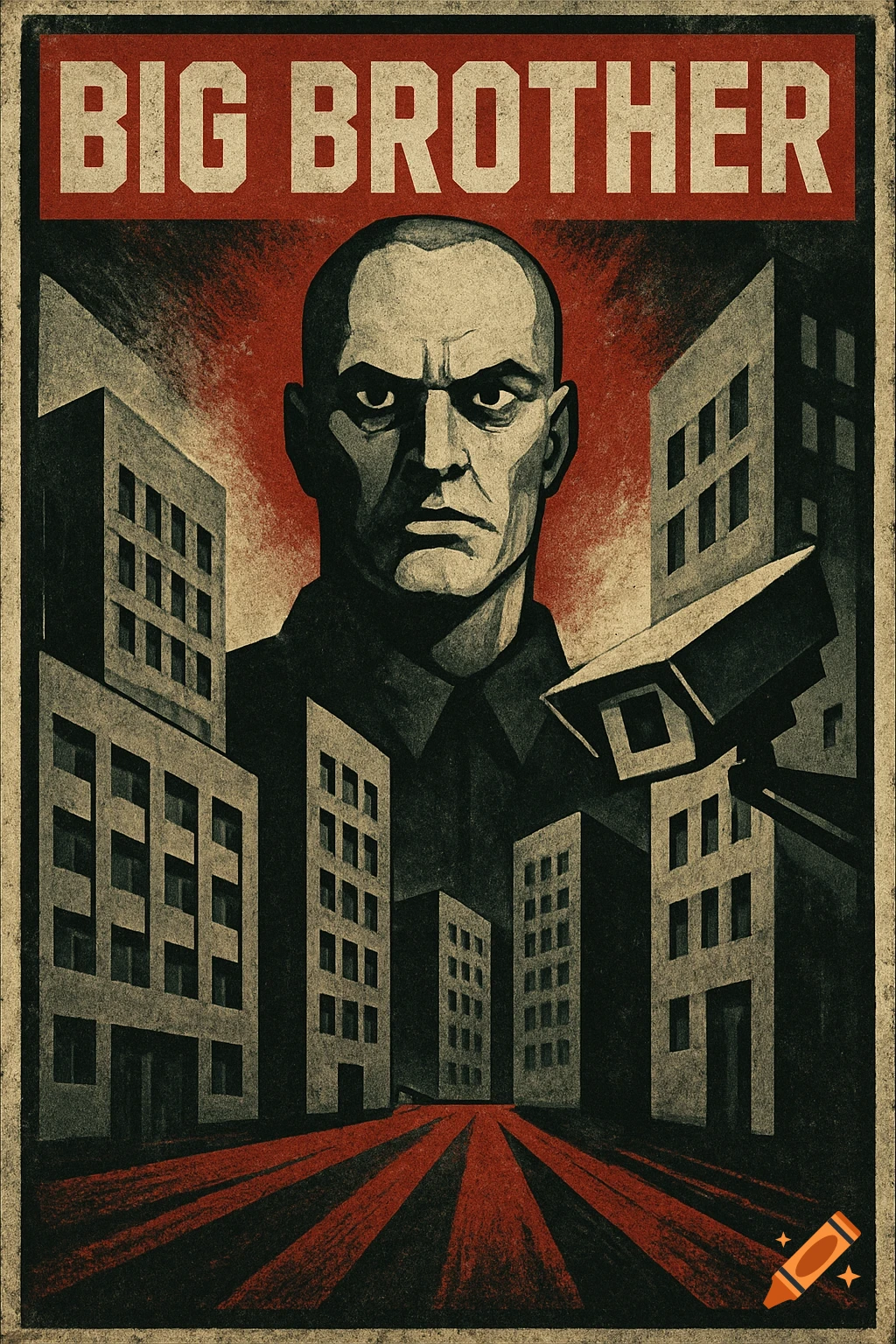 A brutalist Soviet propaganda style poster featuring a stern bald man, city buildings, a CCTV camera, and 'BIG BROTHER' text.