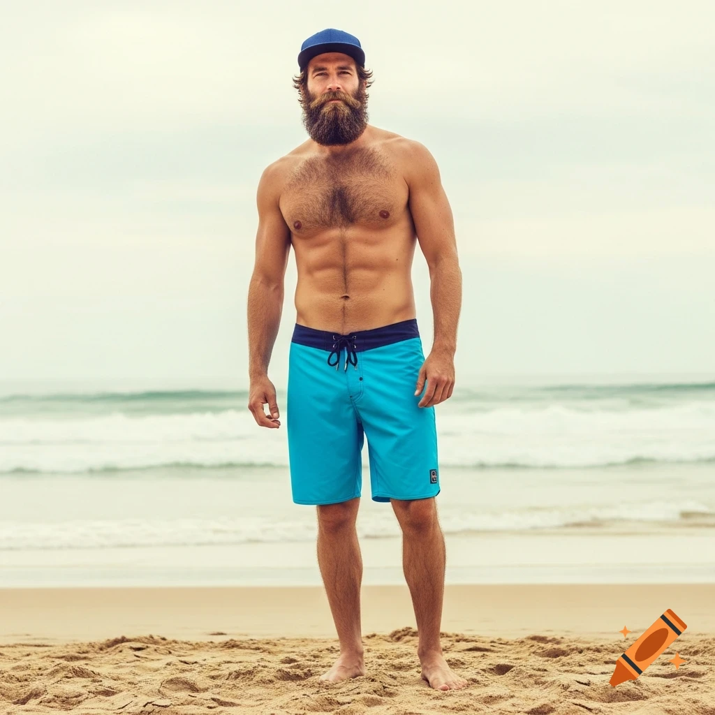 Photorealistic portrait of a bearded man in a blue hat and board shorts, shirtless on a sandy beach with ocean waves.