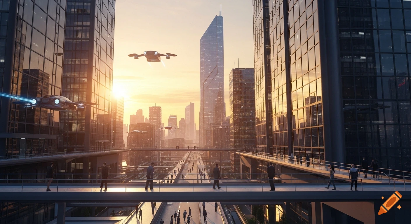 A highly detailed, ultra-realistic futuristic city at sunset with warm lighting, flying vehicles, tall glass buildings, and people on elevated pathways.