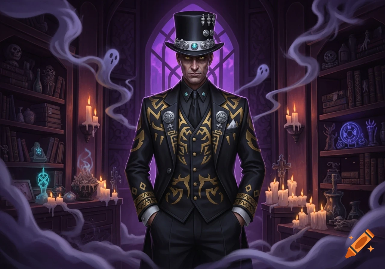 A serious man in a black and gold patterned suit and top hat stands in a candlelit gothic room with smoke and ghosts.
