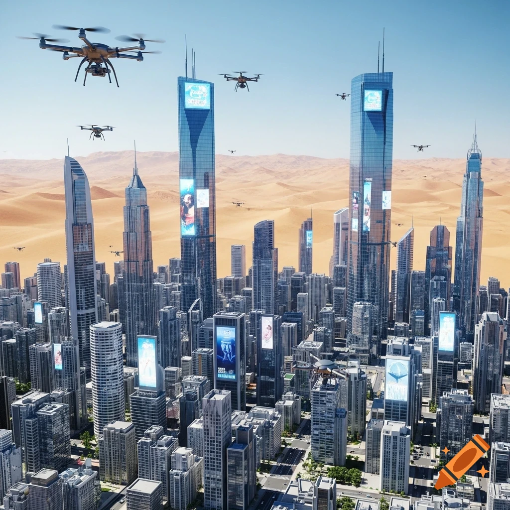 A futuristic city with tall skyscrapers and digital billboards set in a vast desert, with numerous drones flying in the sky.