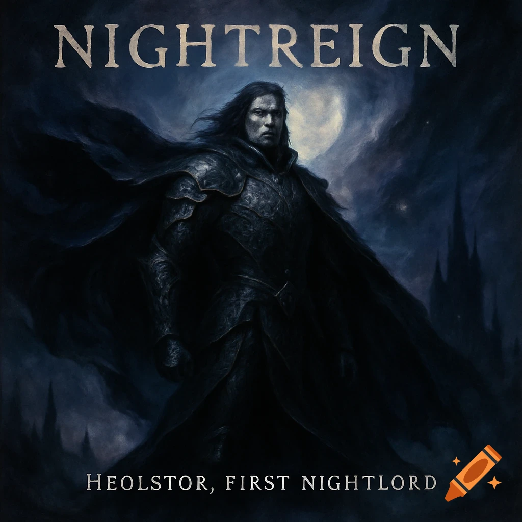 Dark fantasy album art of a man in armor and a cape under a full moon, with 'NIGHTREIGN' and 'HEOLSTOR, FIRST NIGHTLORD' text.