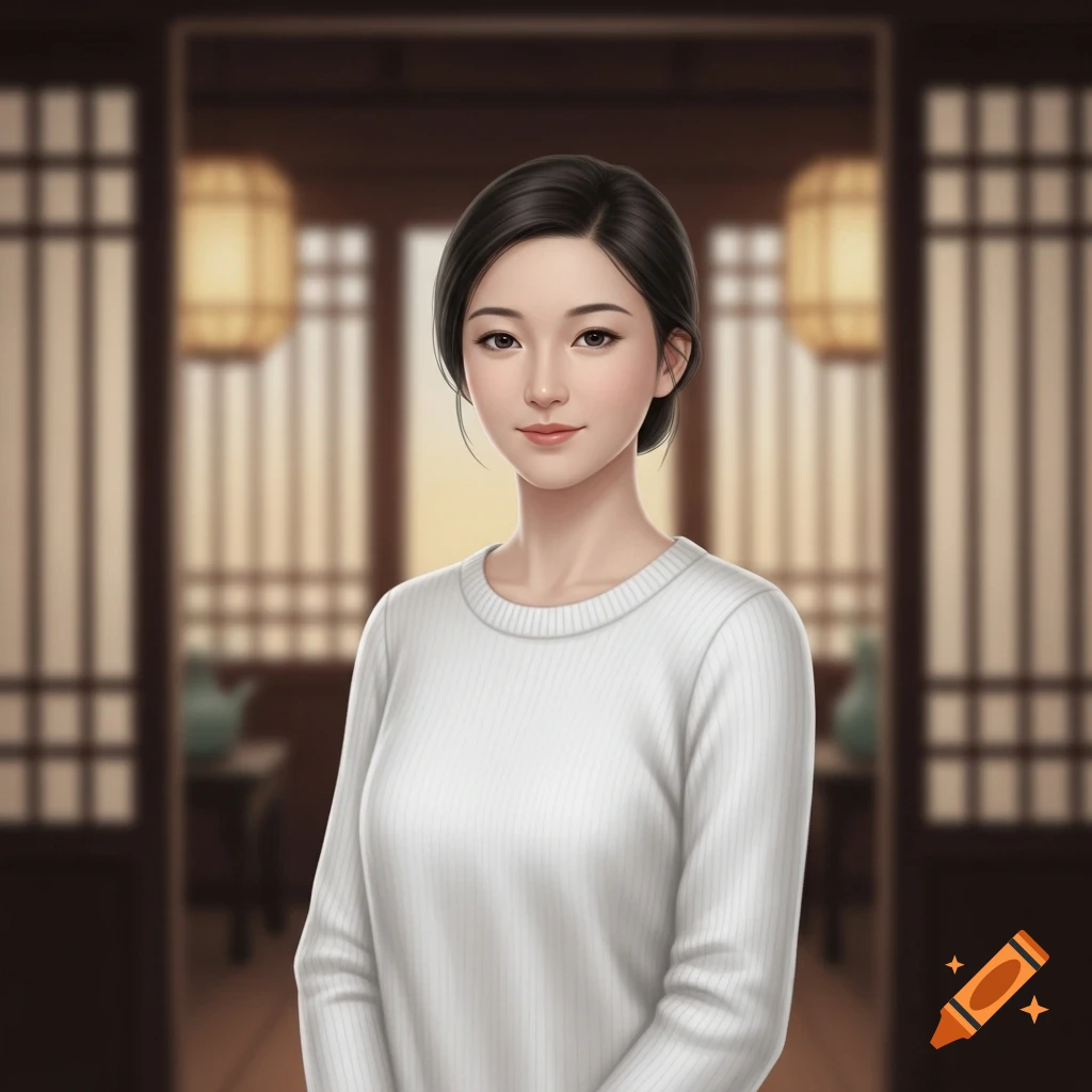 A young Asian woman with dark hair wearing a white sweater, smiling slightly, standing in a traditional Japanese-style room.