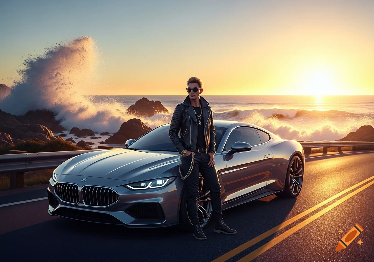 Stylish man in a leather jacket leans on a gray sports car on a coastal road at sunset, with waves crashing behind him.