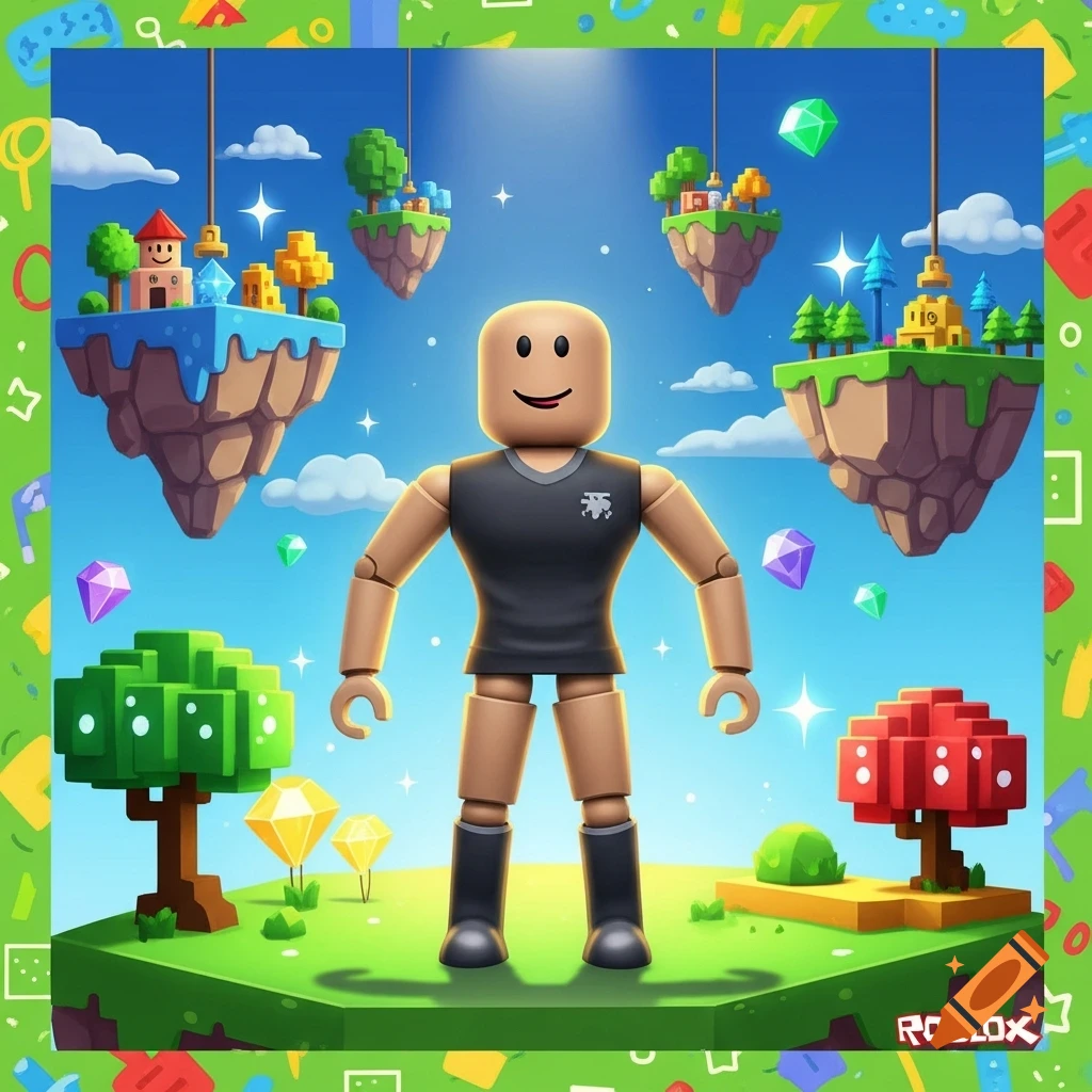 A smiling Roblox dummy character stands on a grassy block with floating islands and gems in a vibrant cartoon game world.