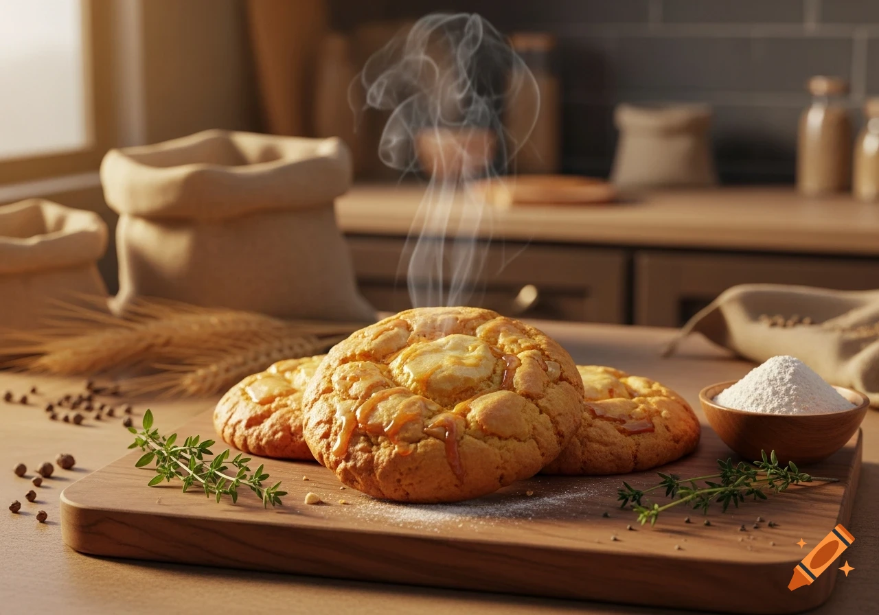 Photorealistic image of freshly baked, steaming cookies with a honey glaze on a wooden board, surrounded by herbs and flour in a warm kitchen.
