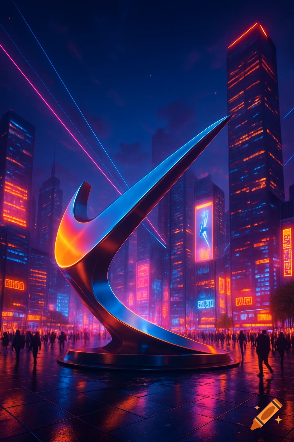 A giant glowing Nike swoosh sculpture in a neon-lit futuristic city at night, with people walking below.
