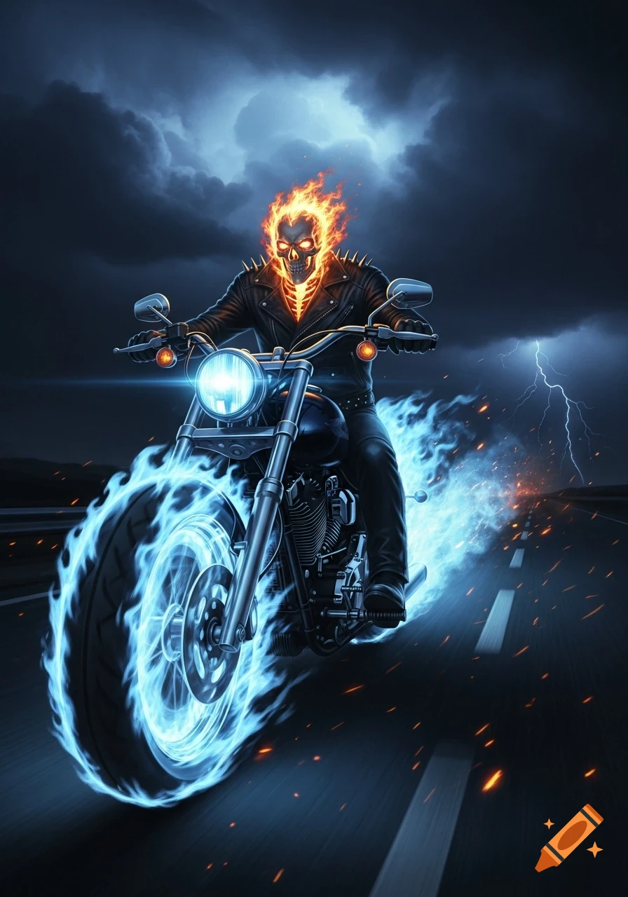 A flaming skeletal figure rides a motorcycle wreathed in blue flames down a dark road under a stormy sky with lightning.