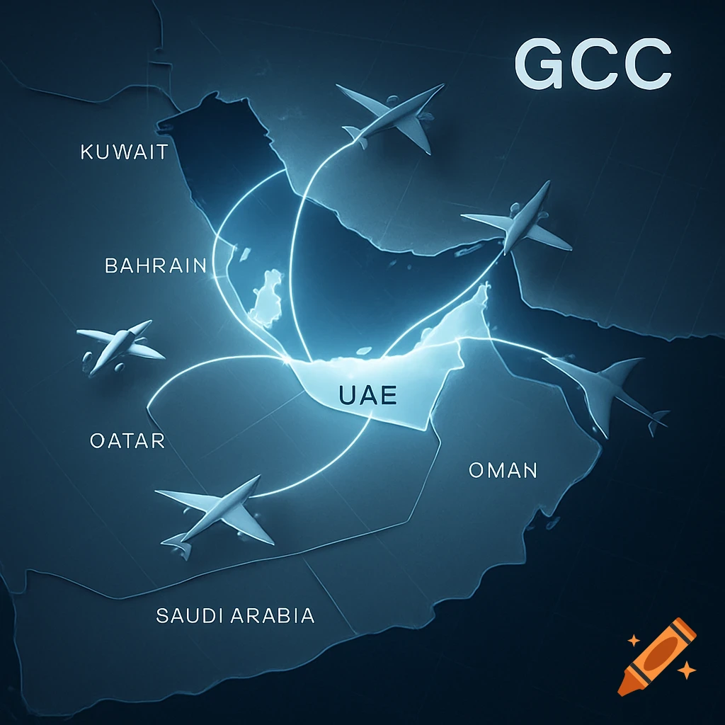 A stylized blue map of the Gulf region, highlighting the UAE, with glowing flight paths connecting GCC countries represented by abstract airplane silhouettes.