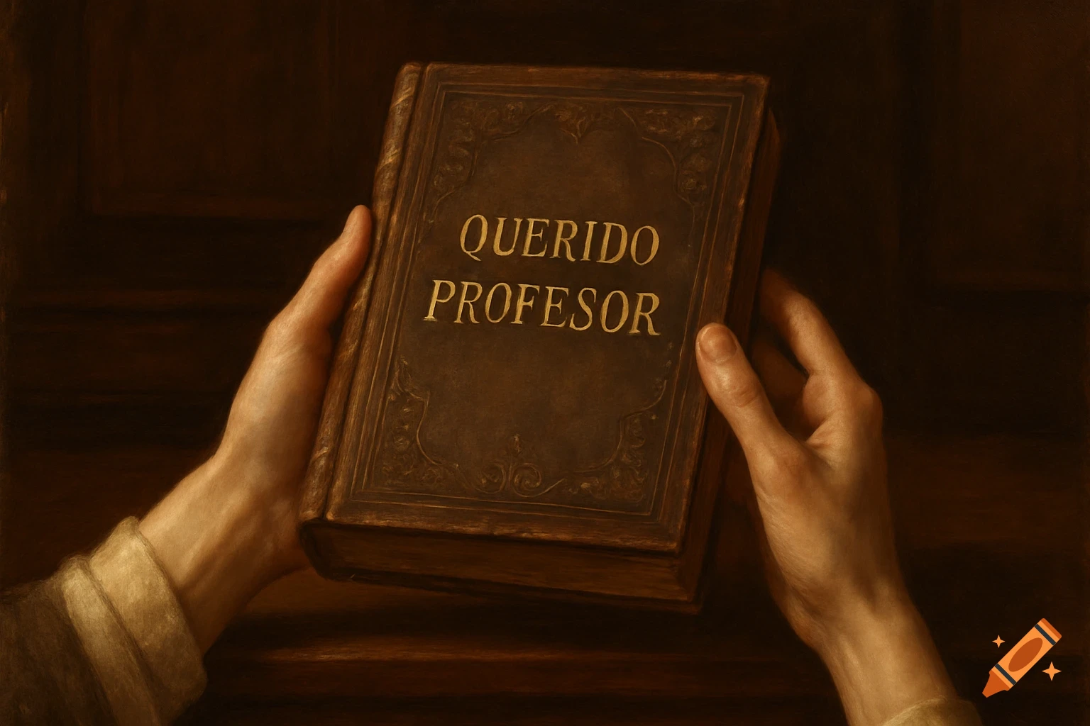 Two hands hold a brown antique book with 'QUERIDO PROFESOR' in gold on its cover, against a dark, warm background in a painterly style.