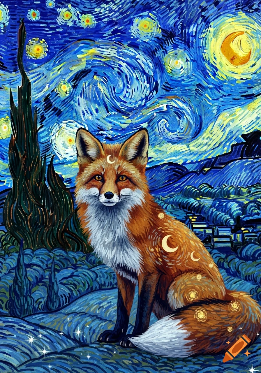 A red fox with moon symbols sits in a landscape inspired by Van Gogh's Starry Night, featuring swirling blue skies and bright stars.