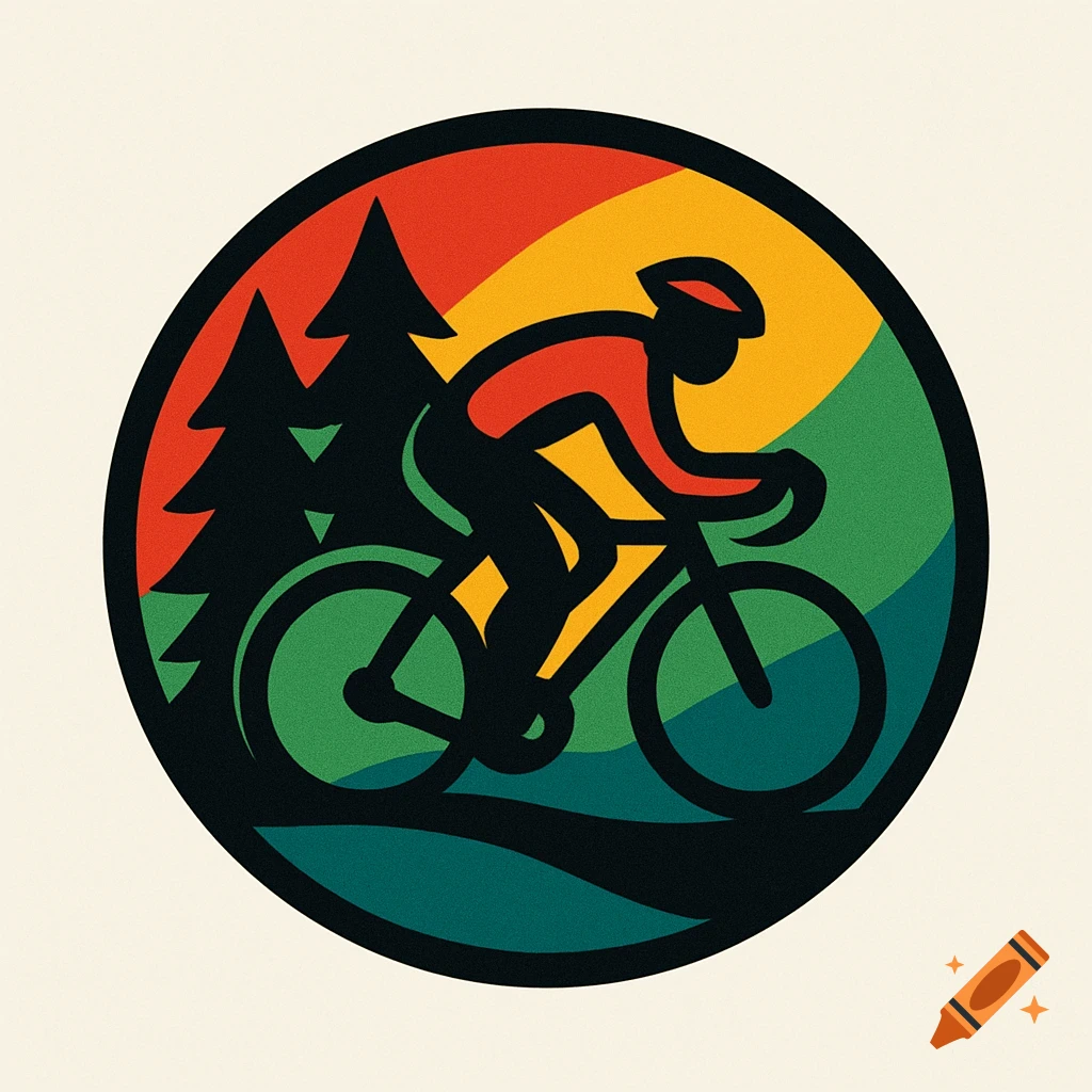 Circular logo with a black silhouette of a cyclist and two pine trees against a red, yellow, and green background.