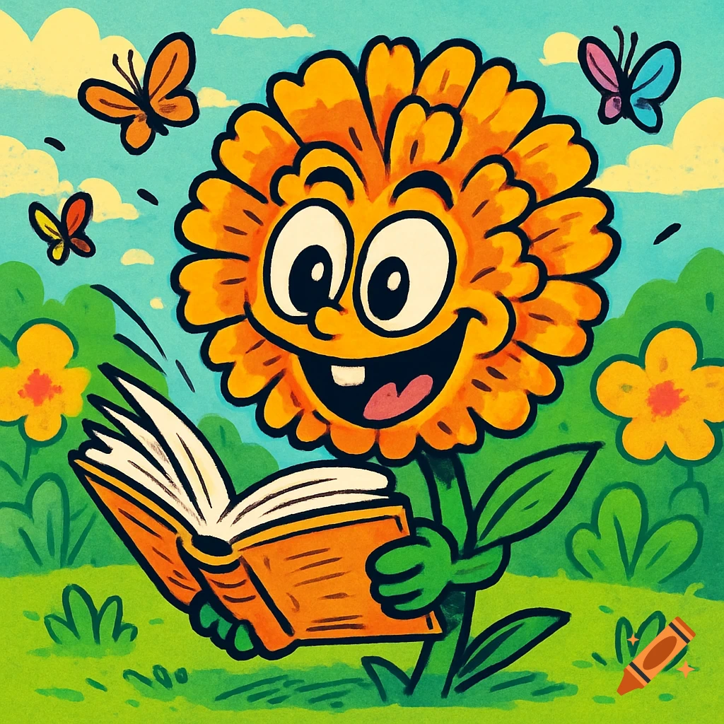 A cheerful cartoon flower reads an open book in a sunny field with butterflies, in a vibrant comic style.