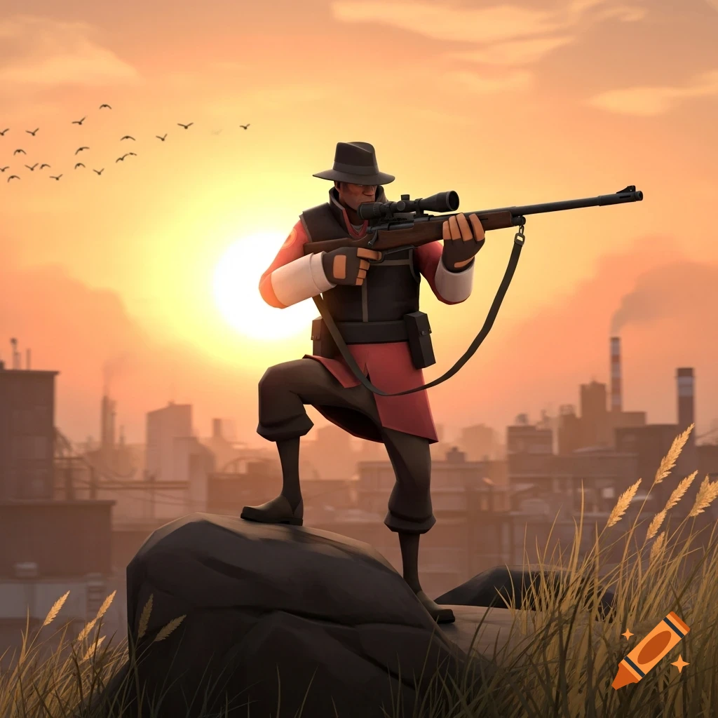 Stylized render of the TF2 Sniper standing on a rock with a rifle, overlooking a cityscape at sunset with birds flying.