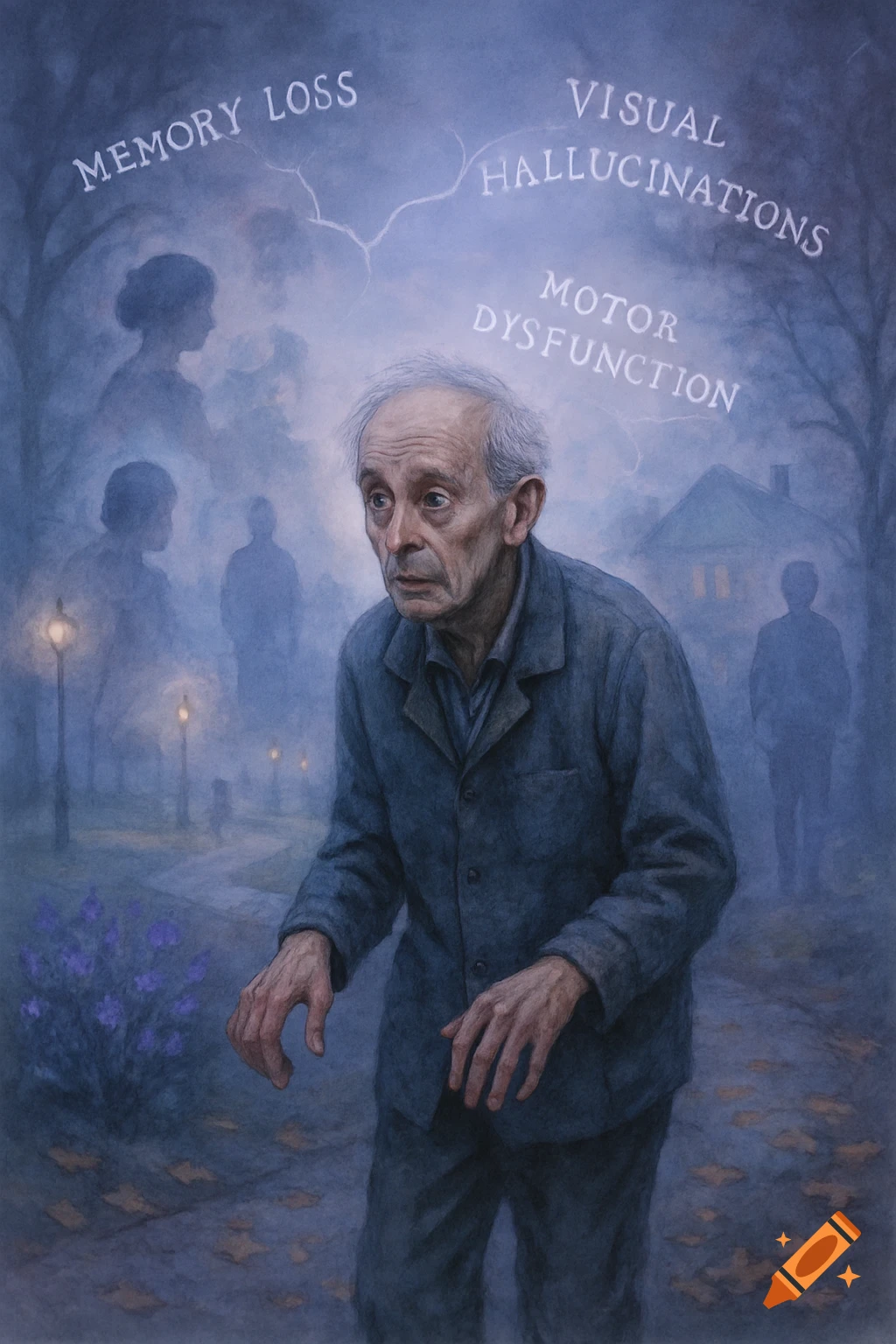 Illustrative painting of an elderly man with dementia, ghostly figures, and text 'Memory Loss', 'Visual Hallucinations', 'Motor Dysfunction'.